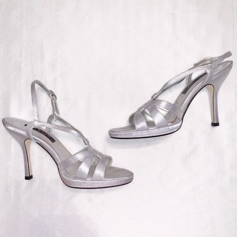 Nina silver satin open toe high heel sandals - size 7